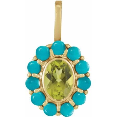 14k Yellow Natural Peridot & Natural Turquoise Halo-style Pendant