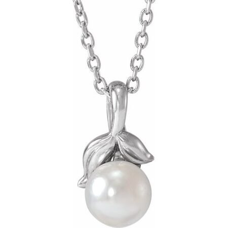 Sterling Silver 5 Mm Cultured White Akoya Pearl Floral 16-18' Necklace