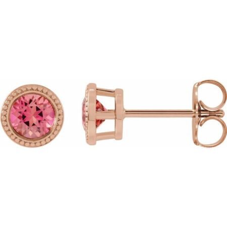 14k Rose 6 Mm Natural Pink Tourmaline Beaded Bezel-set Earrings
