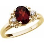 14k Yellow Natural Mozambique Garnet & .06 Ctw Natural Diamond Accented Ring
