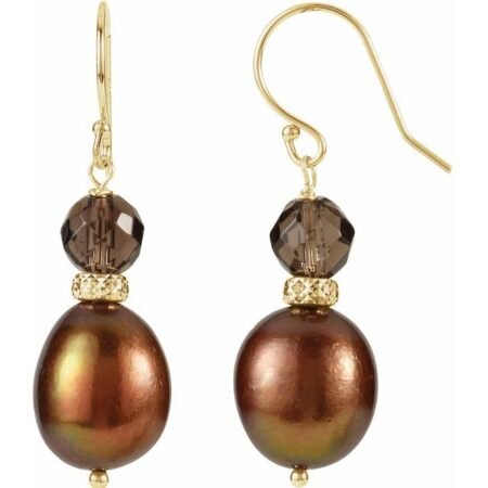 14k Yellow Cultured Chocolate Freshwater Pearl & Natural Smoky Quartz Earrings