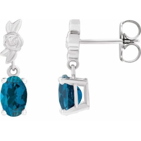 14k White 8x6 Mm Natural London Blue Topaz Floral Earrings