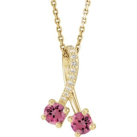 14k Yellow Natural Pink Tourmaline & .05 Ctw Natural Diamond 16-18' Necklace