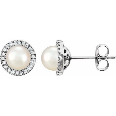 14k White Cultured White Freshwater Pearl & 1/8 Ctw Natural Diamond Earrings