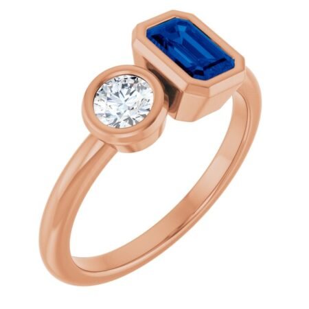 14k Rose Lab-grown Blue Sapphire & 1/4 Ctw Lab-grown Diamond Ring