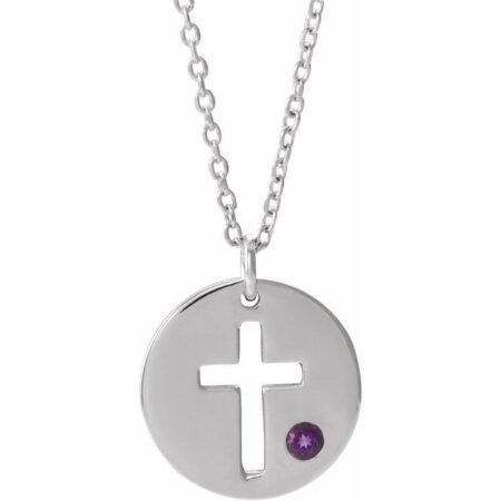 14k White Natural Amethyst Pierced Cross Disc 16-18' Necklace