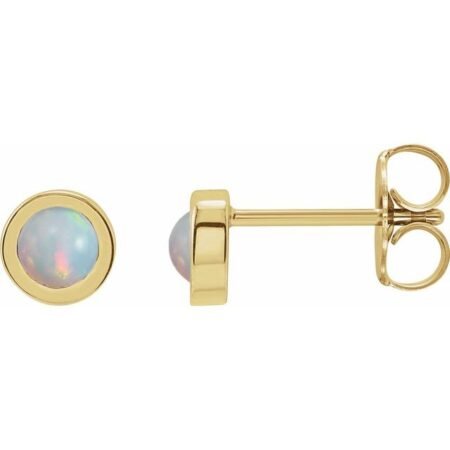 14k Yellow Cabochon Natural White Opal Bezel-set Solitaire Earrings