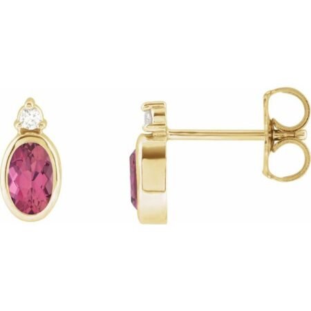 14k Yellow 5x3 Mm Natural Pink Tourmaline & .03 Ctw Natural Diamond Earrings
