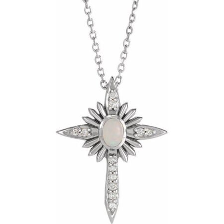 Sterling Silver Natural White Opal & .06 Ctw Natural Diamond Nativity Cross 16-18' Necklace