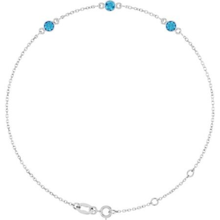 14k White Natural Blue Zircon Bezel-set Three-stone 6 1/2-7 1/2' Bracelet