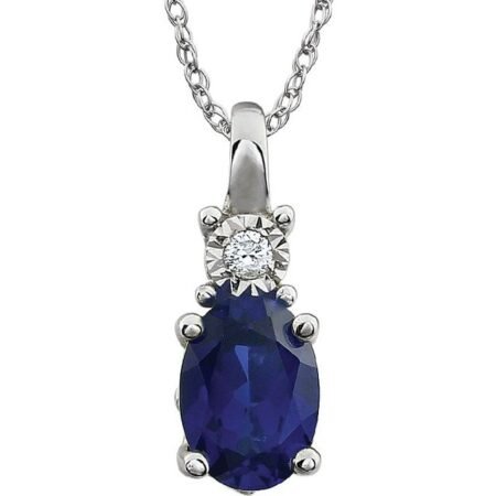 14k White Lab-grown Blue Sapphire & .02 Ct Natural Diamond 18' Necklace