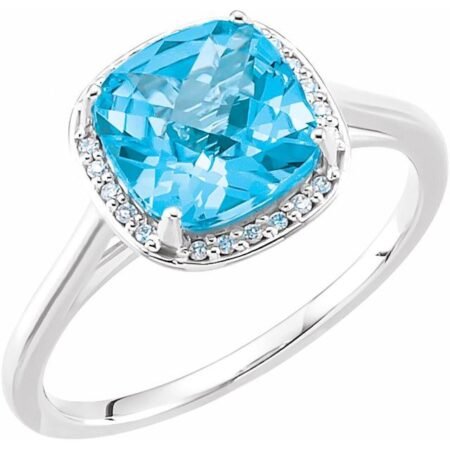 14k White Natural Swiss Blue Topaz & 1/6 Ctw Natural Diamond Halo-style Ring