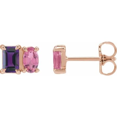14k Rose Natural Amethyst & Natural Pink Tourmaline Two-stone Stud Earrings
