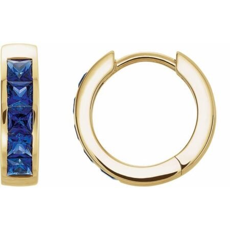 14k Yellow Lab-grown Blue Sapphire Hoop Earrings
