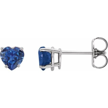 14k White Lab-grown Blue Sapphire Heart Earrings