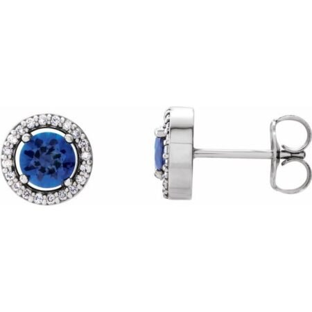14k White Natural Blue Sapphire & 1/10 Ctw Natural Diamond Earrings