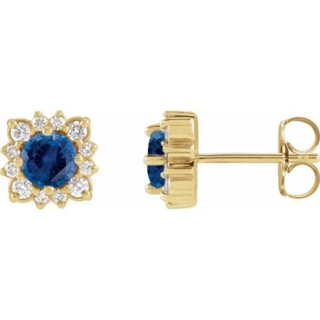 14k Yellow Lab-grown Blue Sapphire & 1/5 Ctw Natural Diamond Halo-style Earrings