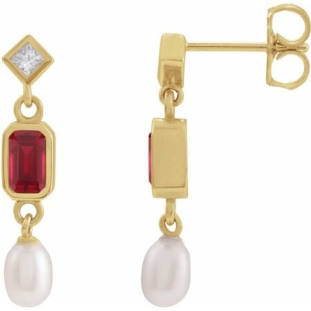 14k Yellow Lab-grown Ruby, Cultured White Akoya Pearl & .05 Ctw Natural Diamond Earrings