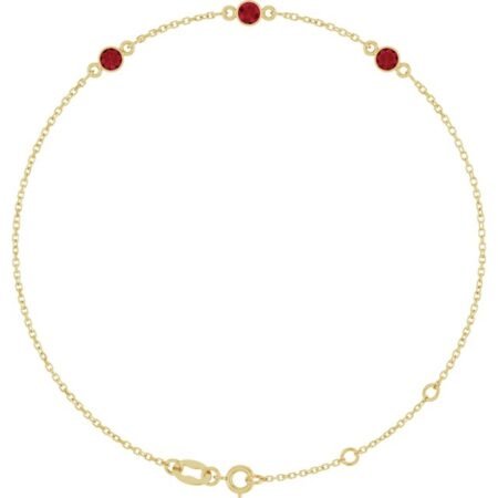 14k Yellow Lab-grown Ruby Bezel-set Three-stone 6 1/2-7 1/2' Bracelet