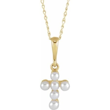 14k Yellow Cultured White Seed Pearl Youth Cross 16' Necklace