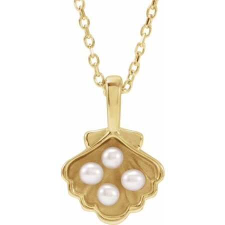 14k Yellow 4-stone Cultured White Seed Pearl Family Shell 16-18' Necklace