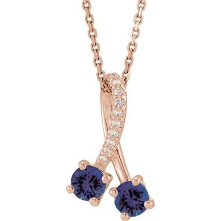 14k Rose Lab-grown Blue Sapphire & .05 Ctw Natural Diamond 16-18' Necklace
