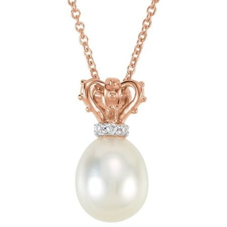 14k Rose/white Cultured White Freshwater Pearl & .015 Ctw Natural Diamond Crown 18' Necklace