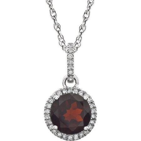 14k White Natural Mozambique Garnet & 1/10 Ctw Natural Diamond 18' Necklace