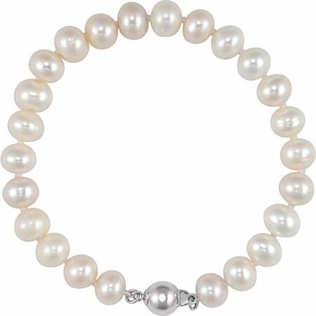 Sterling Silver 8-9 Mm Cultured White Freshwater Pearl 7 3/4' Bracelet