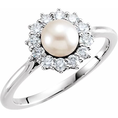 14k White Cultured White Freshwater Pearl & 3/8 Ctw Natural Diamond Ring