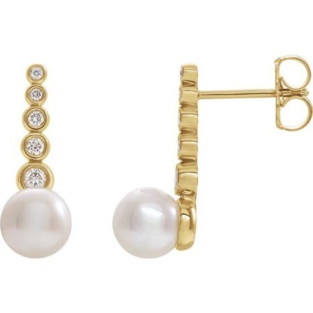 14k Yellow Cultured White Freshwater Pearl & 1/8 Ctw Natural Diamond Earrings