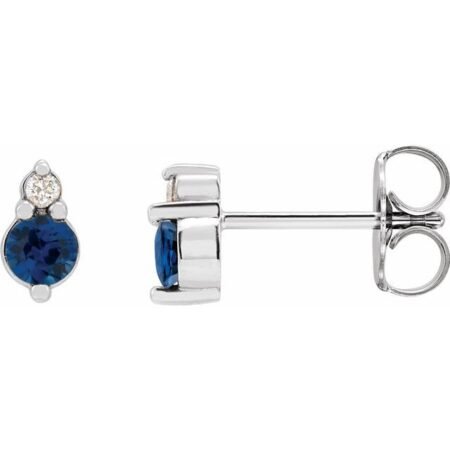 14k White Natural Blue Sapphire & .03 Ctw Natural Diamond Earrings