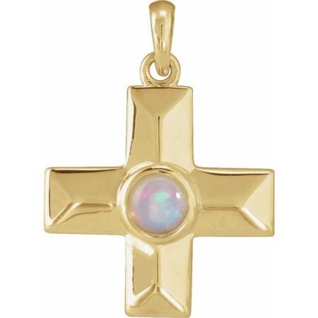 14k Yellow Natural White Opal Gratitude Cross Pendant