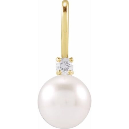 14k Yellow Cultured White Akoya Pearl & .03 Ct Natural Diamond Charm/pendant