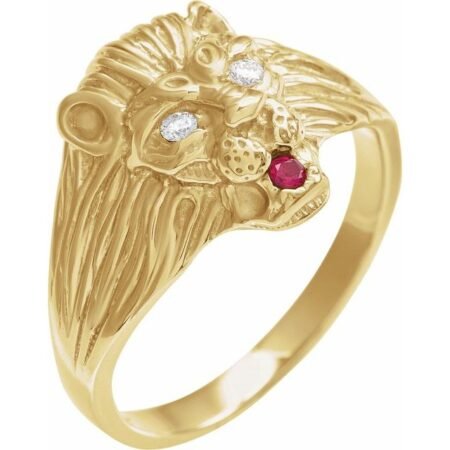 14k Yellow .06 Ctw Natural Diamond & Natural Ruby Lion Head Ring