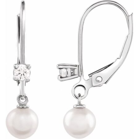 14k White Cultured White Akoya Pearl & 1/8 Ctw Natural Diamond Earrings