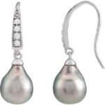 Rhodium-plated Sterling Silver Cultured Gray Tahitian Pearl & Imitation White Cubic Zirconia Earrings