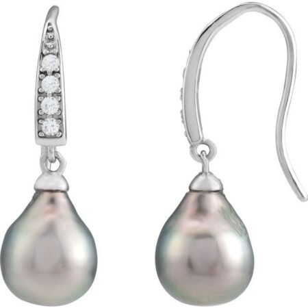 Rhodium-plated Sterling Silver Cultured Gray Tahitian Pearl & Imitation White Cubic Zirconia Earrings