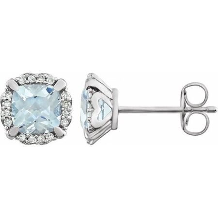 14k White Natural Aquamarine & 1/10 Ctw Natural Diamond Earrings