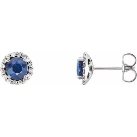 14k White 5 Mm Natural Blue Sapphire & 1/8 Ctw Natural Diamond Earrings