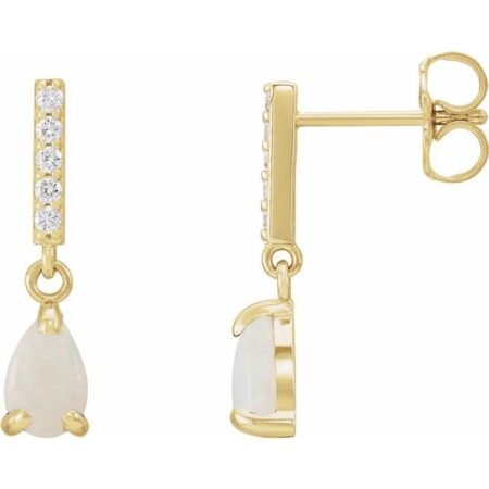 14k Yellow Natural White Opal & .08 Ctw Natural Diamond Earrings