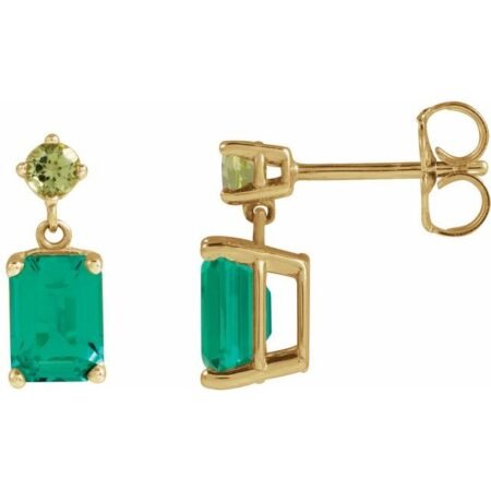 14k Yellow Lab-grown Emerald & Natural Peridot Dangle Earrings