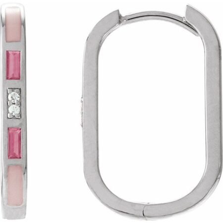 14k White Natural Pink Tourmaline & .02 Ctw Natural Diamond 19.6 Mm Hoop Earrings