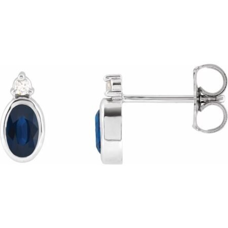 14k White 5x3 Mm Lab-grown Blue Sapphire & .03 Ctw Natural Diamond Earrings