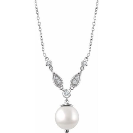 14k White Cultured White Freshwater Pearl & 1/6 Ctw Natural Diamond 16-18' Necklace