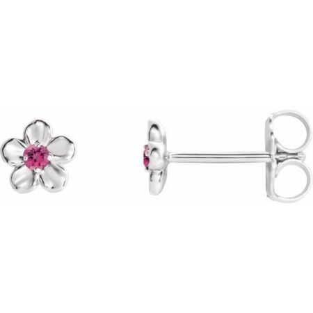 14k White Imitation Pink Tourmaline October Birthstone Flower Earrings
