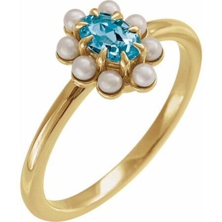 14k Yellow Natural London Blue Topaz & Cultured White Seed Pearl Halo-style Ring