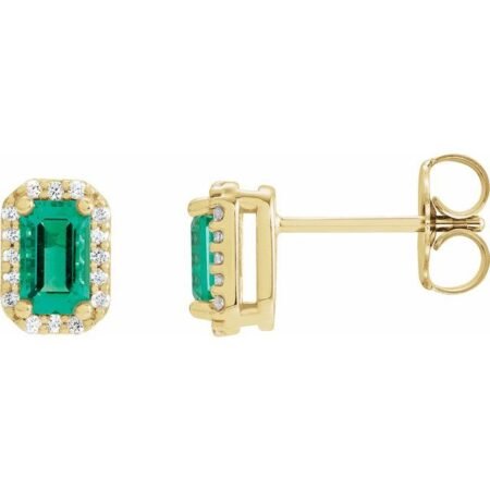 14k Yellow Lab-grown Emerald & 1/8 Ctw Natural Diamond Halo-style Earrings