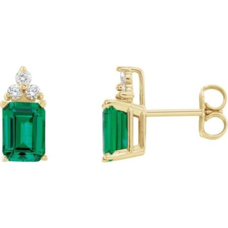 14k Yellow Lab-grown Emerald & 1/8 Ctw Natural Diamond Earrings