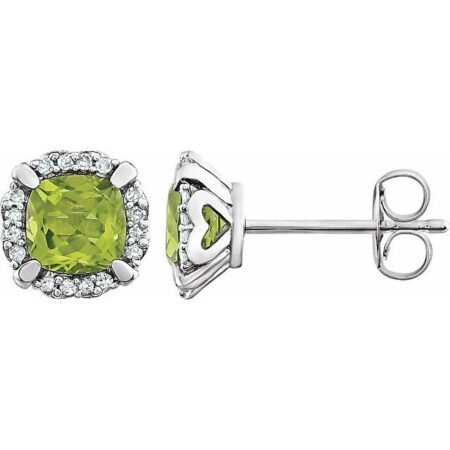 14k White Natural Peridot & 1/10 Ctw Natural Diamond Earrings